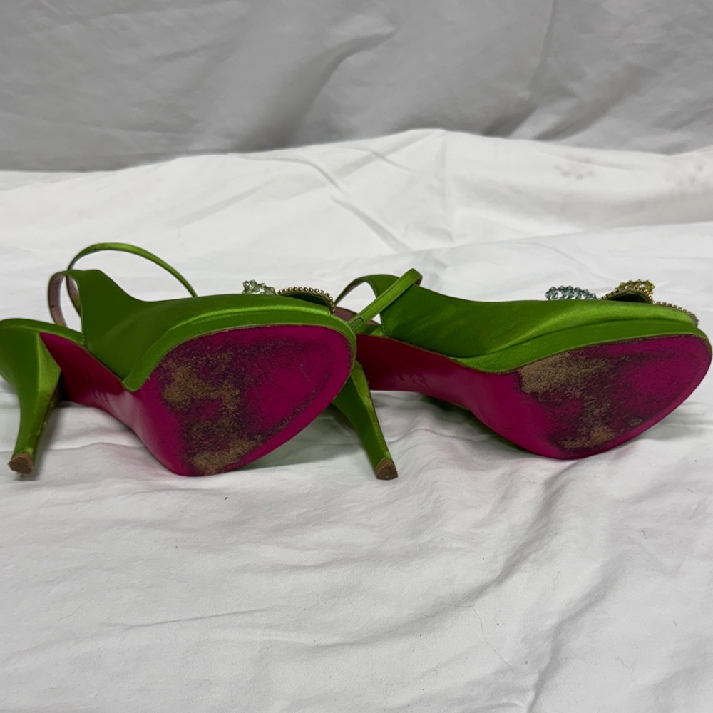 Vintage Y2K Betsey Johnson Elegant Green Satin Heels - Picture 4 of 10